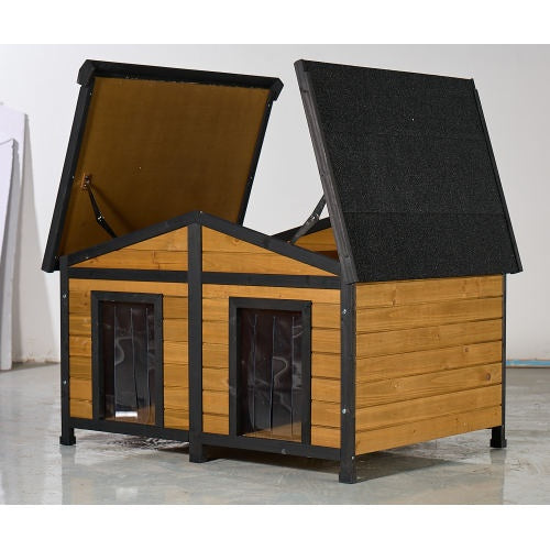 Large Outdoor Wooden Dog House With Dual Doors, Waterproof Asphalt Roof Lift-Up Top, Fir Wood Dog Shelter For Medium To Large Dogs Black Natural Finish