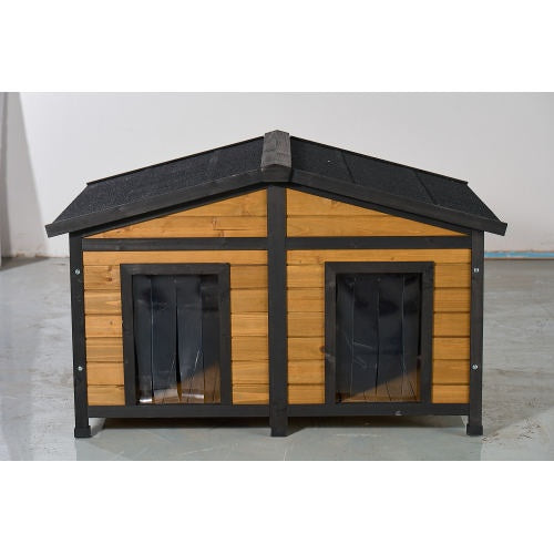 Large Outdoor Wooden Dog House With Dual Doors, Waterproof Asphalt Roof  Lift-Up Top, Fir Wood Dog Shelter For Medium To Large Dogs Black  Natural Finish