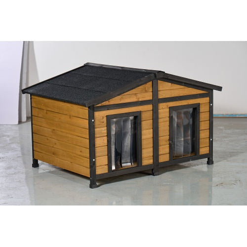 Large Outdoor Wooden Dog House With Dual Doors, Waterproof Asphalt Roof  Lift-Up Top, Fir Wood Dog Shelter For Medium To Large Dogs Black  Natural Finish