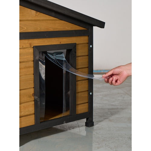 Large Outdoor Wooden Dog House With Dual Doors, Waterproof Asphalt Roof  Lift-Up Top, Fir Wood Dog Shelter For Medium To Large Dogs Black  Natural Finish