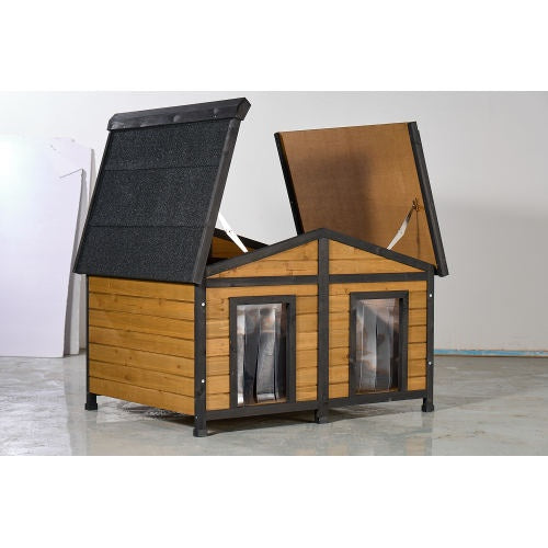 Large Outdoor Wooden Dog House With Dual Doors, Waterproof Asphalt Roof  Lift-Up Top, Fir Wood Dog Shelter For Medium To Large Dogs Black  Natural Finish